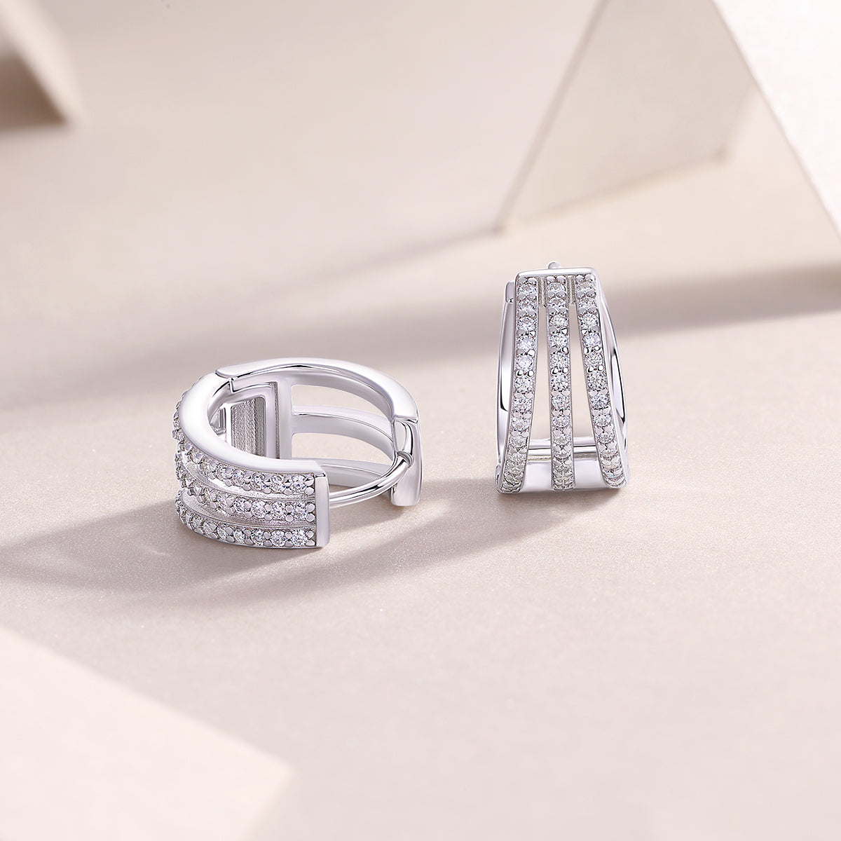 Three-Row Pave Moissanite Huggie Hoop Earrings in 925 Sterling Silver