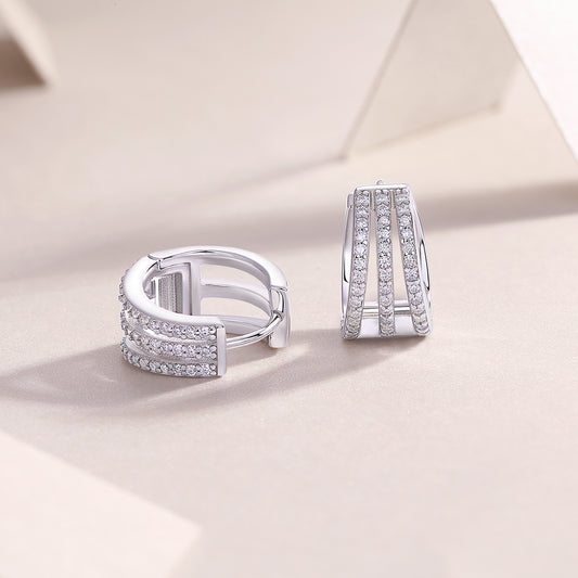 Three-Row Pave Moissanite Huggie Hoop Earrings in 925 Sterling Silver
