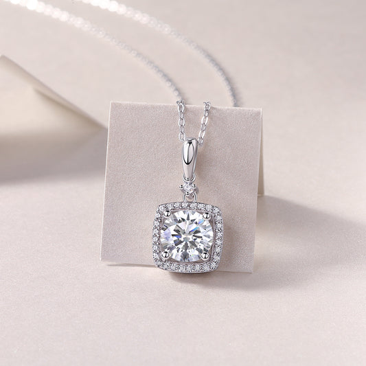 Round Moissanite Square Halo Pendant Necklace in 925 Sterling Silver