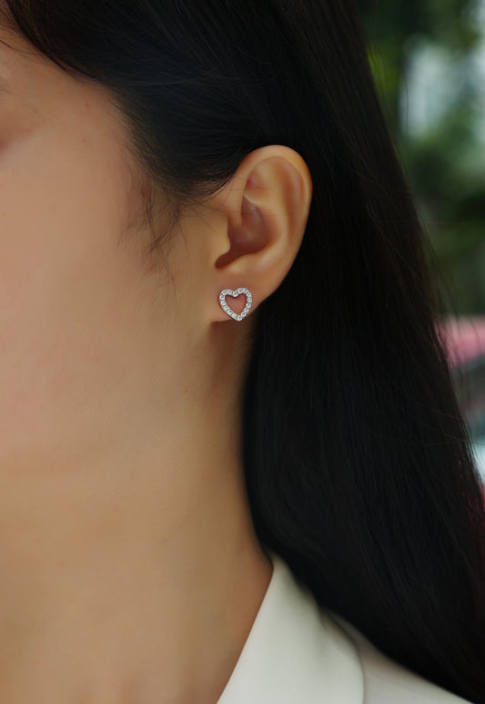 Moissanite Pave Open Heart Stud Earrings in 925 Sterling Silver - worn