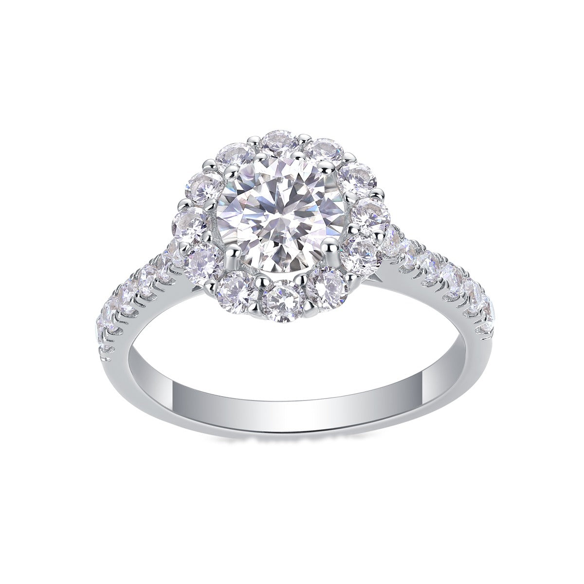 Round Moissanite Floral Halo Ring with Pave Band in 925 Silver