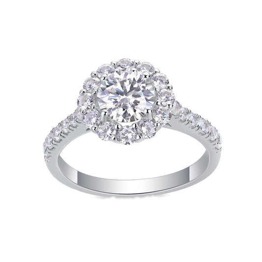 Round Moissanite Floral Halo Ring with Pave Band in 925 Silver