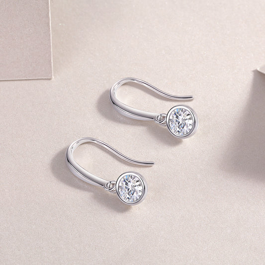 Round Moissanite Bezel Drop Earrings in 925 Sterling Silver
