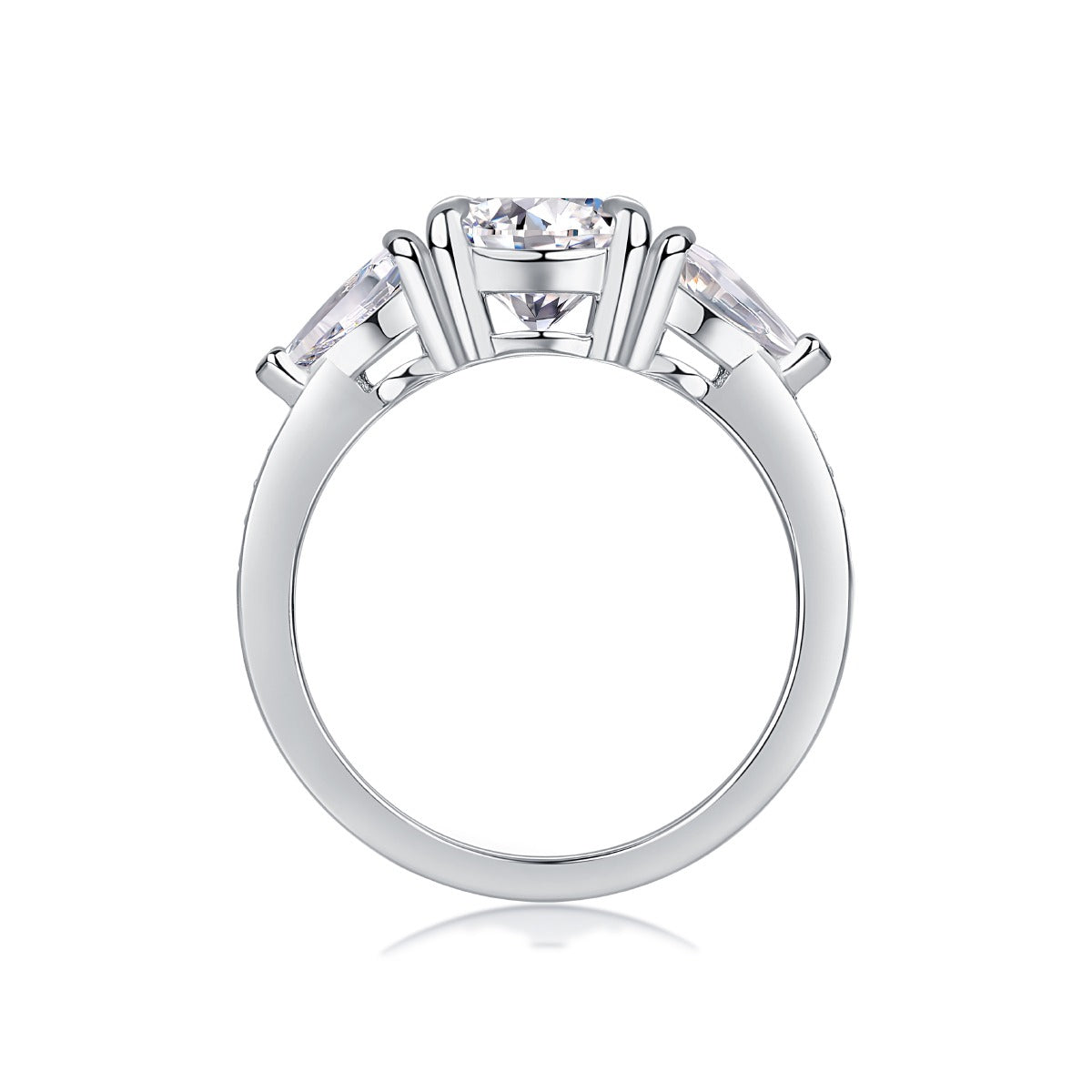Round Moissanite Ring with Pear Side Stones in 925 Sterling Silver