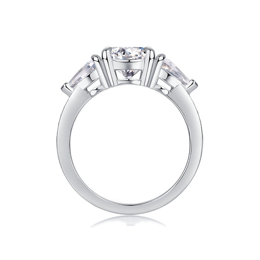 Round Moissanite Ring with Pear Side Stones in 925 Sterling Silver