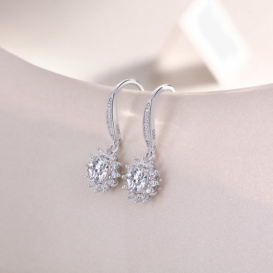 Round Moissanite Sunburst Halo Drop Earrings in 925 Sterling Silver