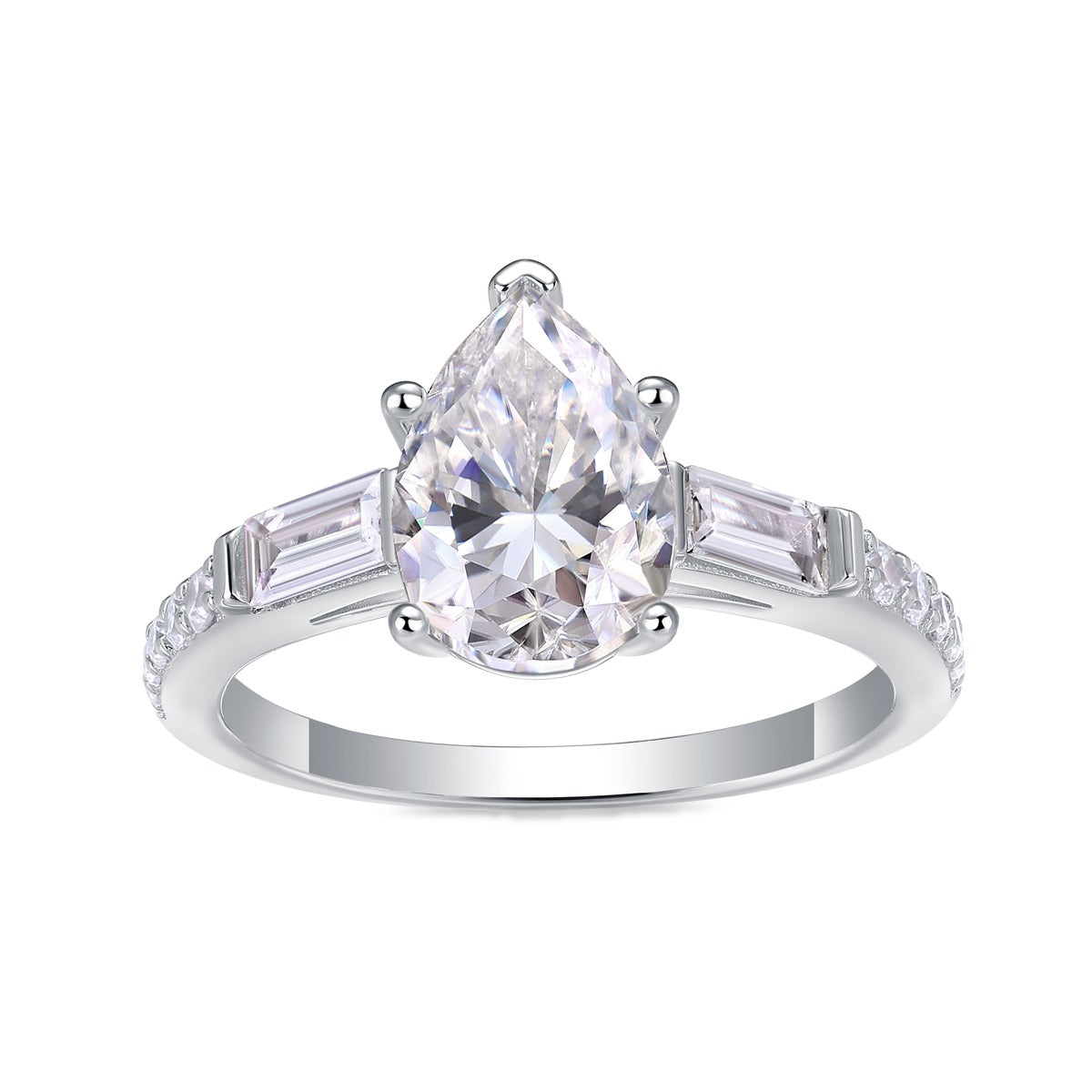 Pear Moissanite Ring with Baguette Side Stones in 925 Sterling Silver