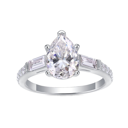 Pear Moissanite Ring with Baguette Side Stones in 925 Sterling Silver