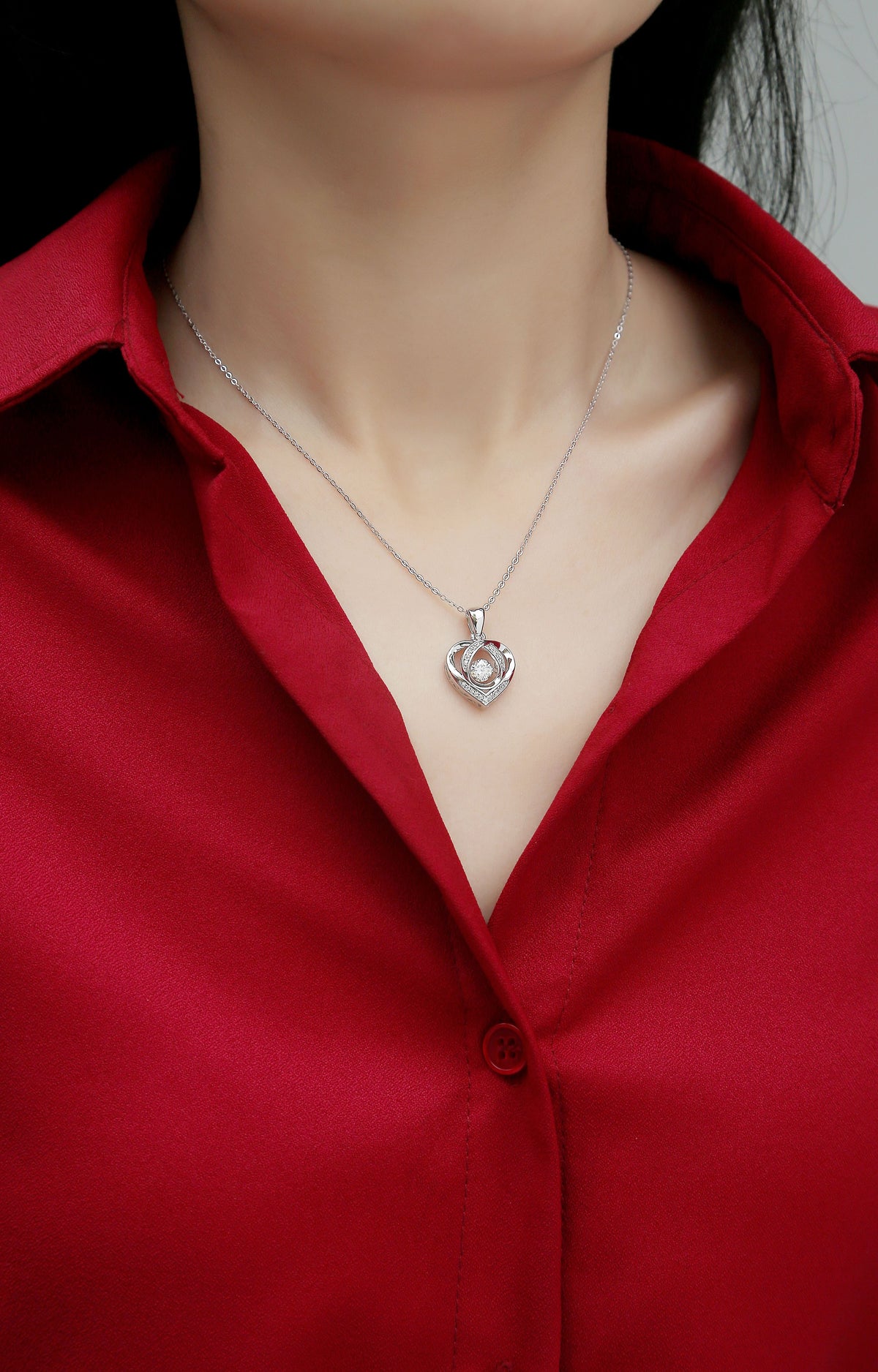 Round Moissanite Open Heart Pendant Necklace in 925 Sterling Silver - worn