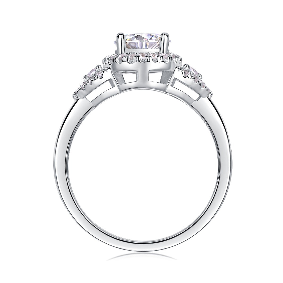 Round Moissanite Halo Ring with Pear Pave Accents in 925 Silver