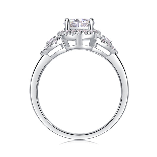 Round Moissanite Halo Ring with Pear Pave Accents in 925 Silver