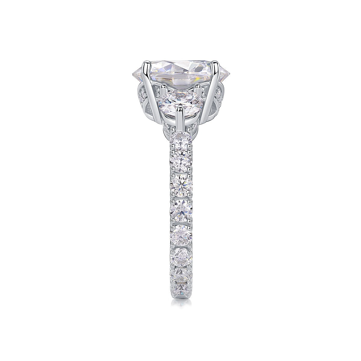 Round Moissanite Three-Stone Ring with Pave Band in 925 Silver