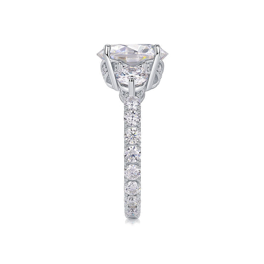 Round Moissanite Three-Stone Ring with Pave Band in 925 Silver