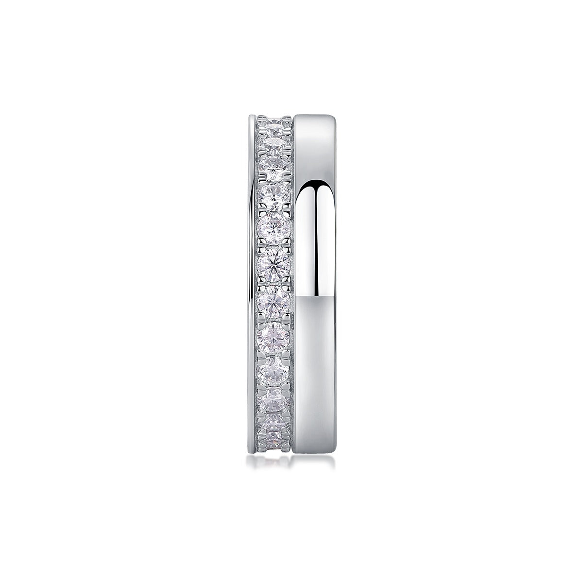 Moissanite Offset Double Band Ring with Pave Row in 925 Silver