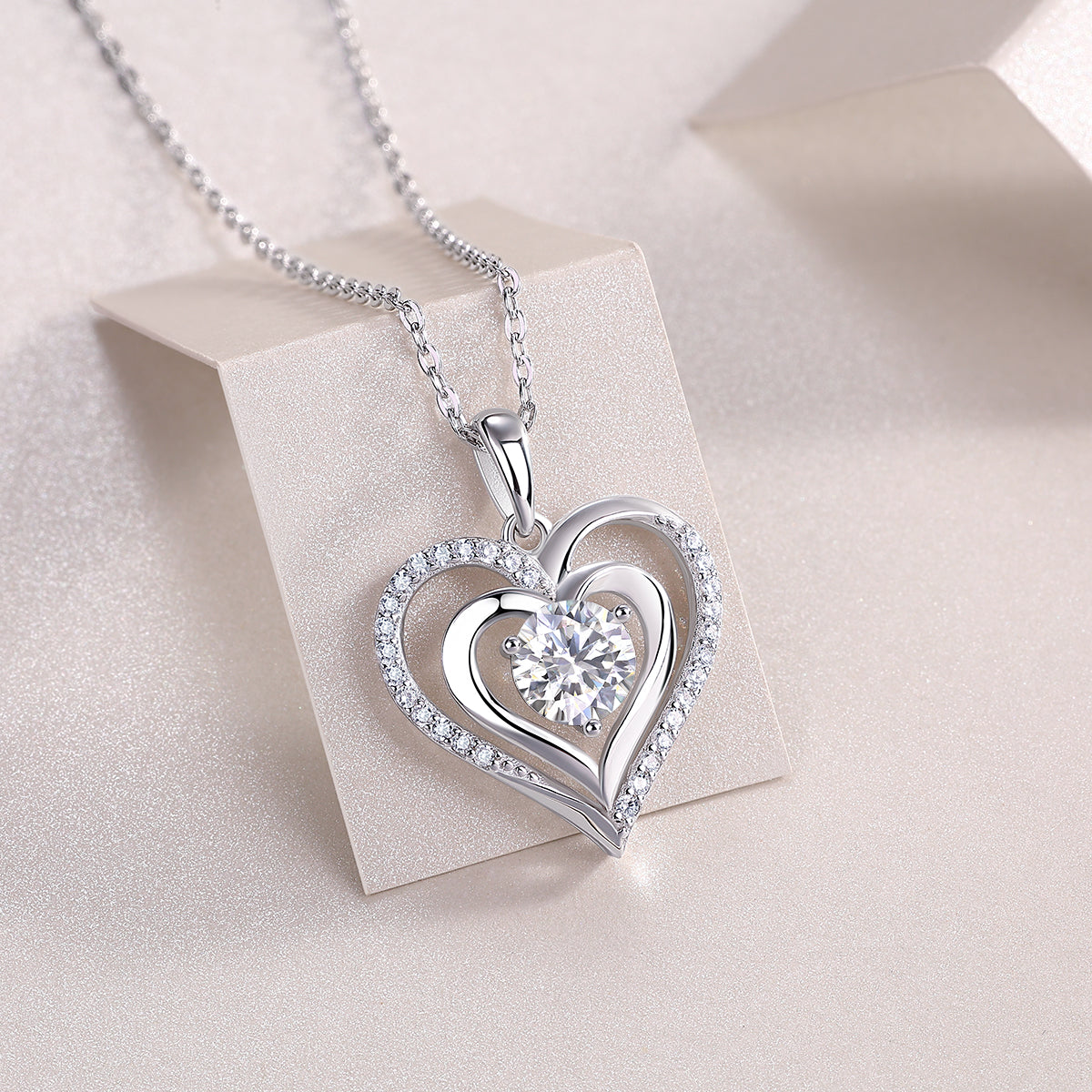 Moissanite Double Heart Pendant Necklace in 925 Sterling Silver