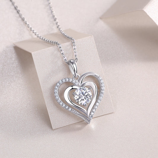 Moissanite Double Heart Pendant Necklace in 925 Sterling Silver