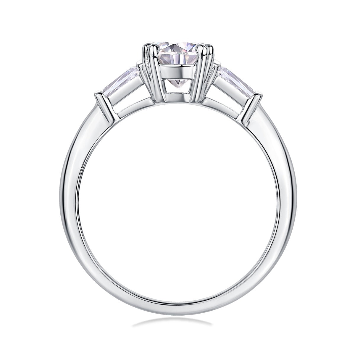 Round Moissanite Ring with Tapered Baguettes in 925 Sterling Silver