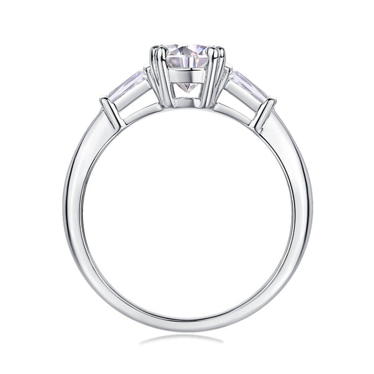 Round Moissanite Ring with Tapered Baguettes in 925 Sterling Silver