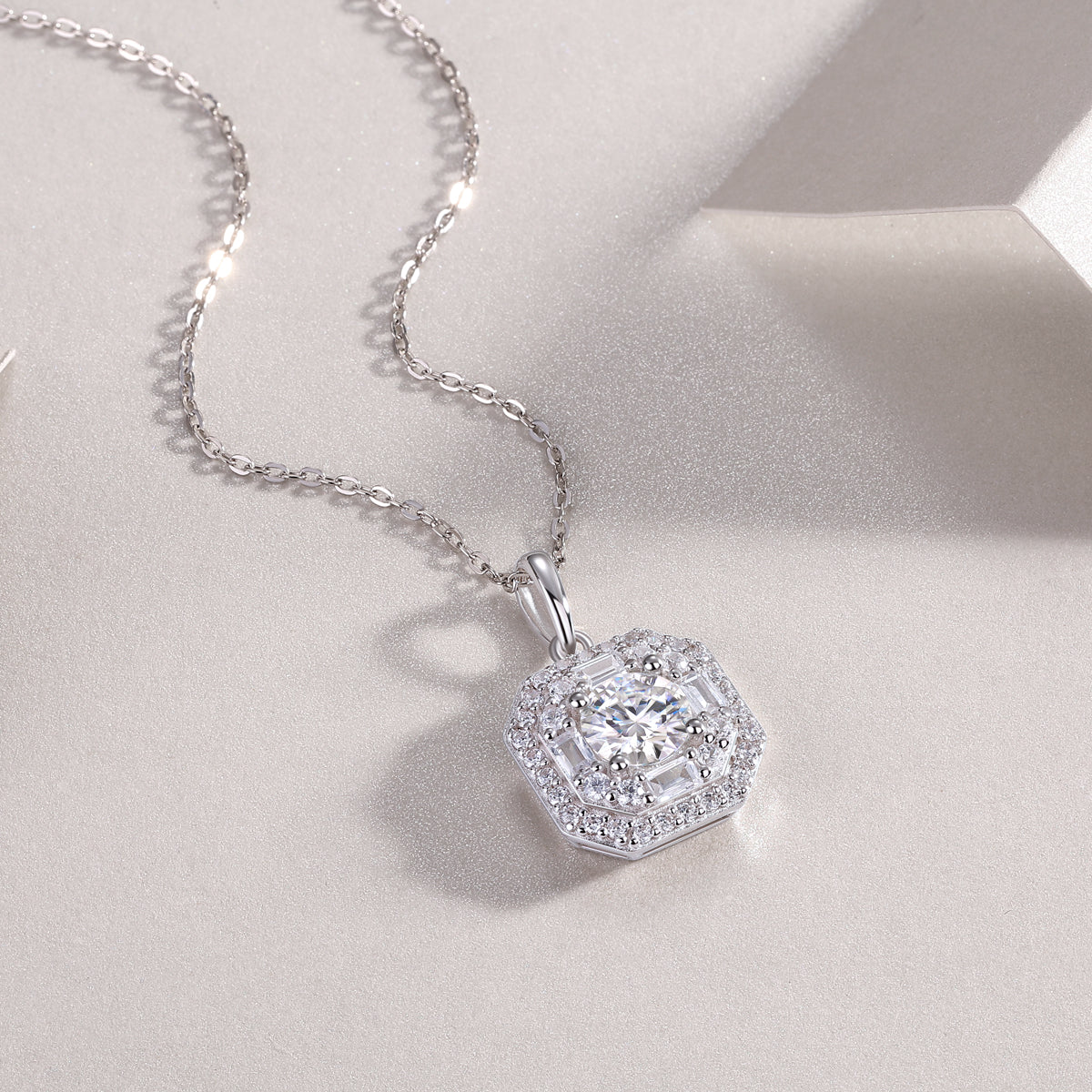 Round Moissanite Octagon Halo Pendant Necklace in 925 Sterling Silver