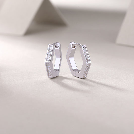 Moissanite Pave Hexagon Huggie Hoop Earrings in 925 Sterling Silver