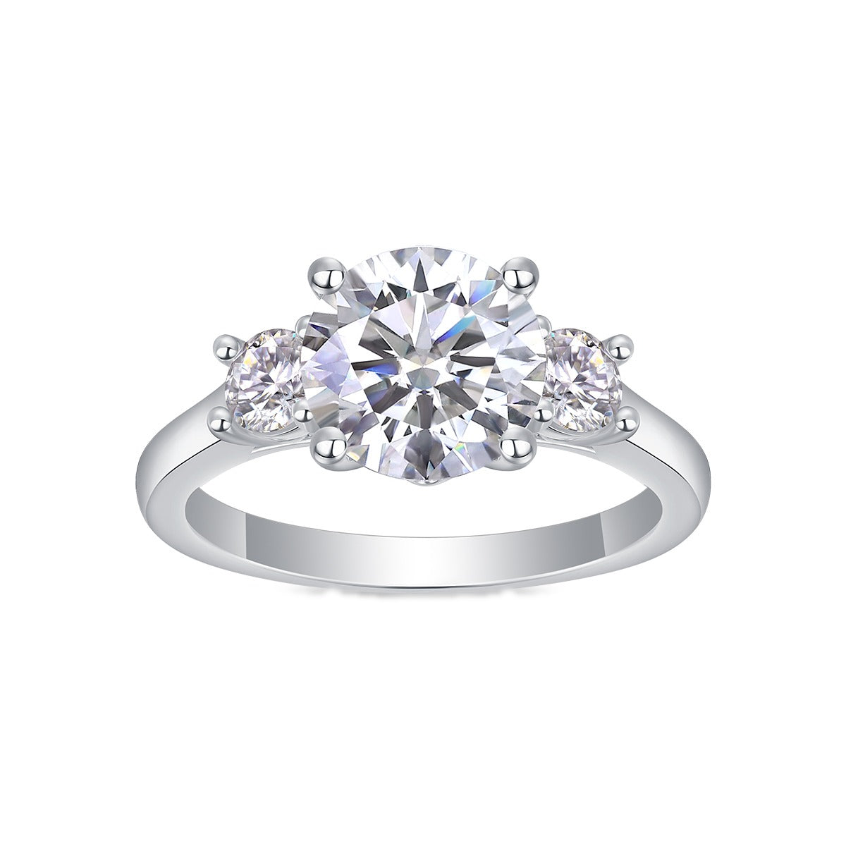 Round Moissanite Three-Stone Engagement Ring in 925 Sterling Silver