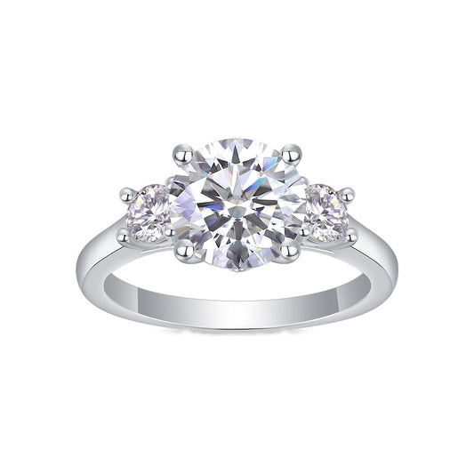 Round Moissanite Three-Stone Engagement Ring in 925 Sterling Silver