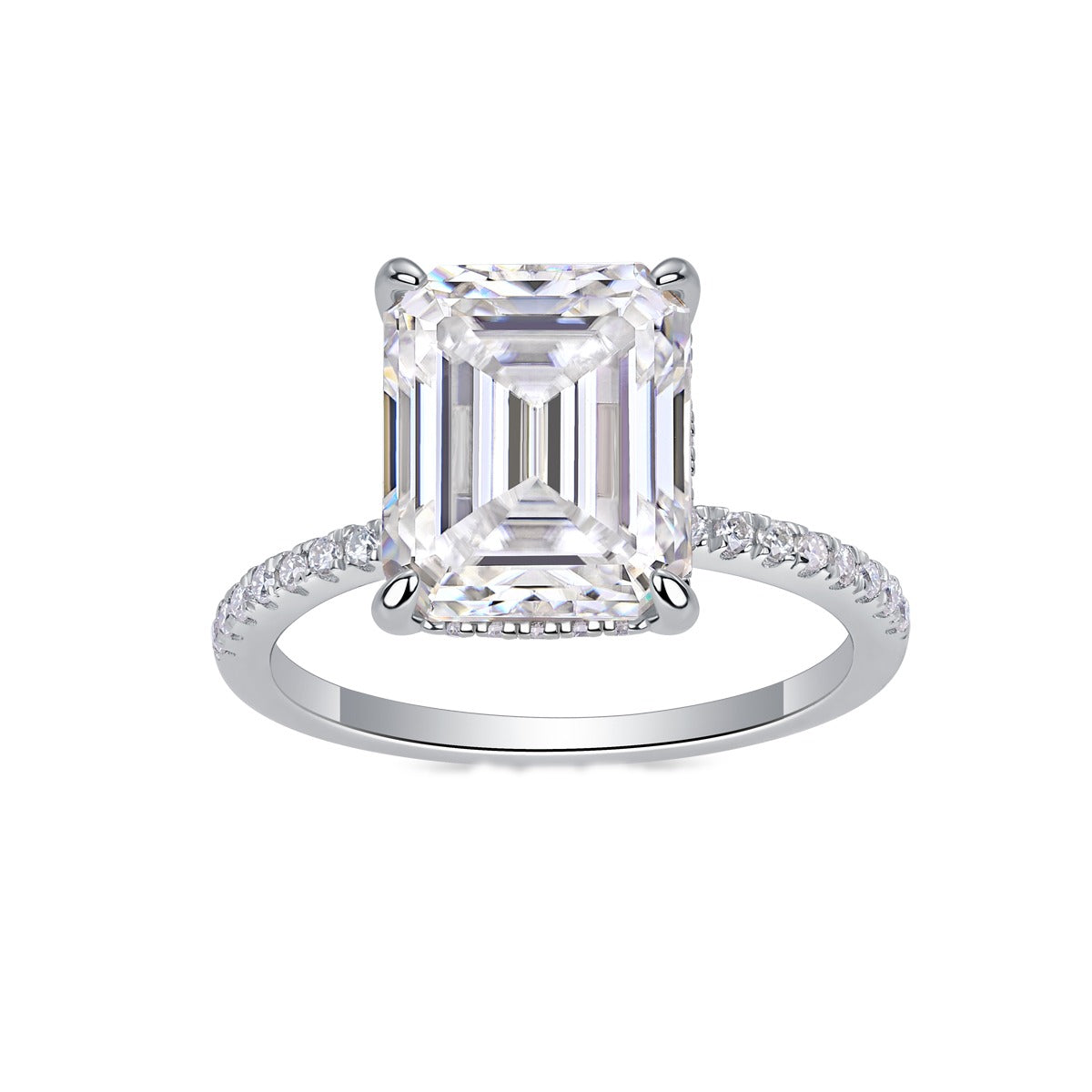 Emerald-Cut Moissanite Hidden-Halo Solitaire Ring in 925 Silver