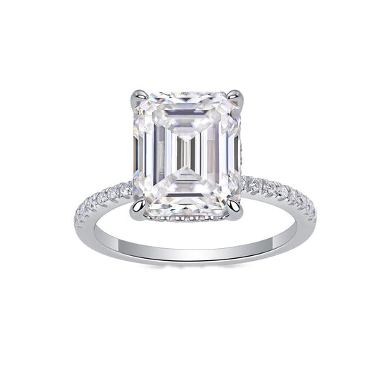 Emerald-Cut Moissanite Hidden-Halo Solitaire Ring in 925 Silver