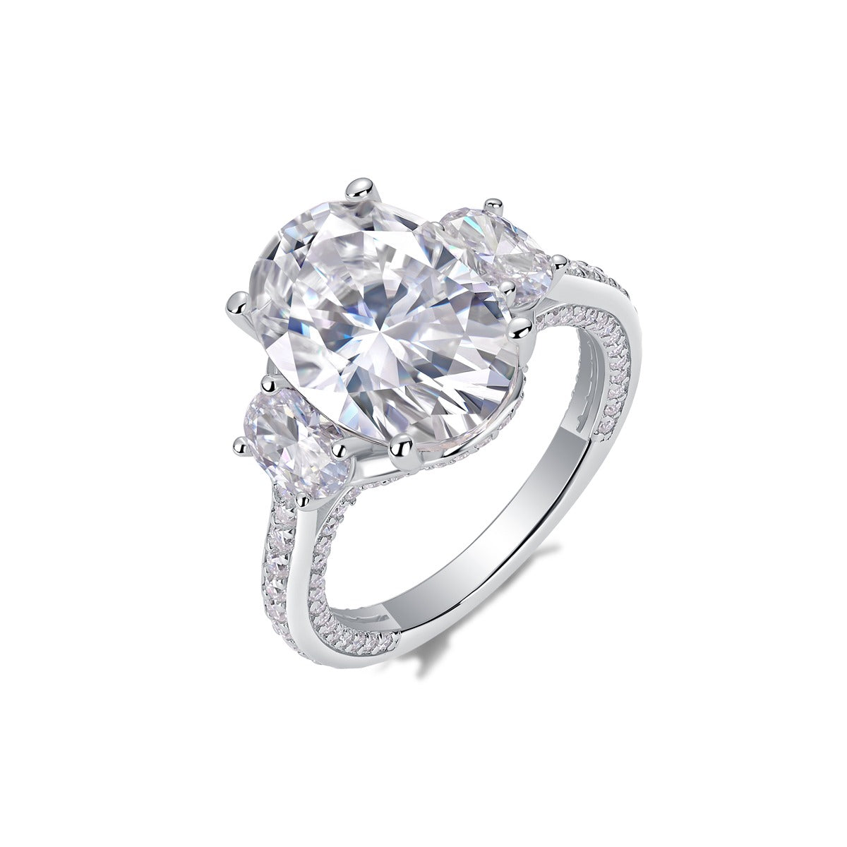 Oval Moissanite Three-Stone Ring with Half-Moon Sides in 925 Silver