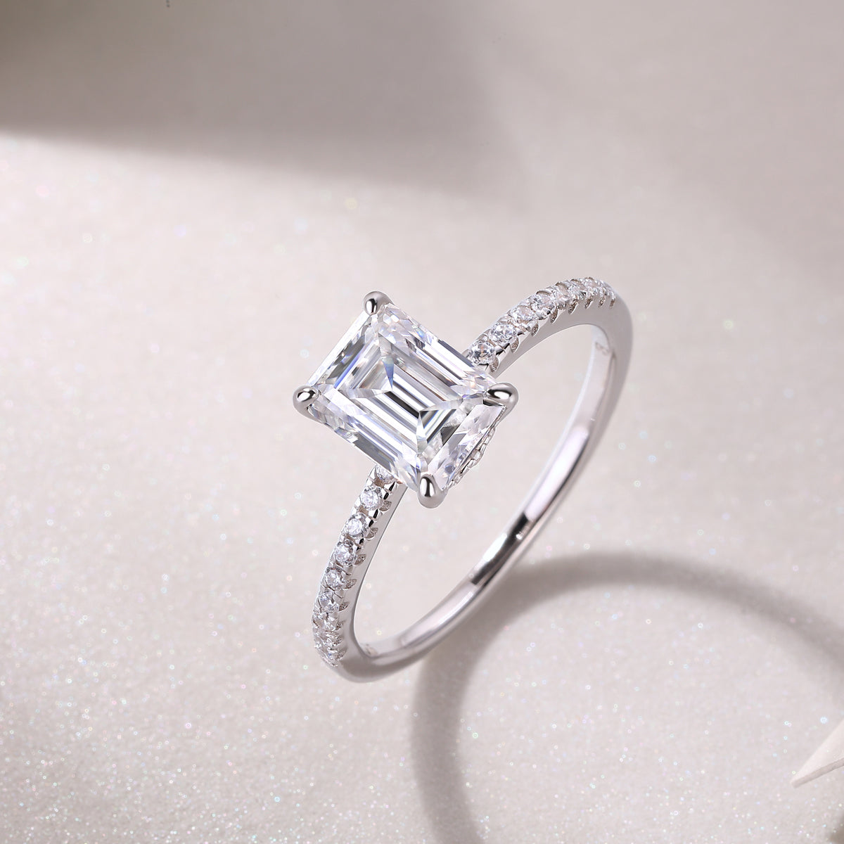Emerald-Cut Moissanite Solitaire Ring with Pave Band in 925 Silver