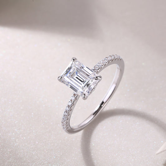 Emerald-Cut Moissanite Solitaire Ring with Pave Band in 925 Silver