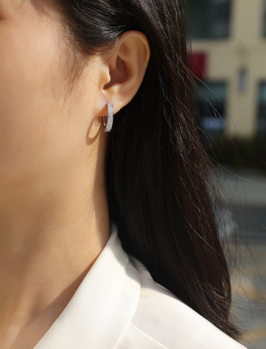 Moissanite Double-Row Pave Hoop Earrings in 925 Sterling Silver - worn