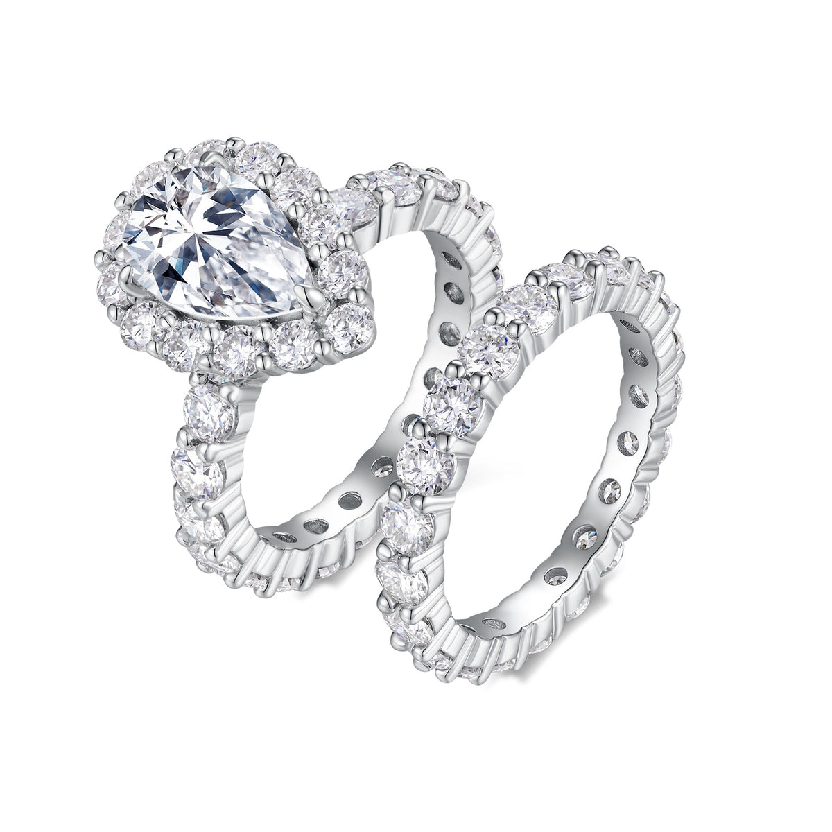 Pear Moissanite Halo Ring and Eternity Band Set in 925 Silver
