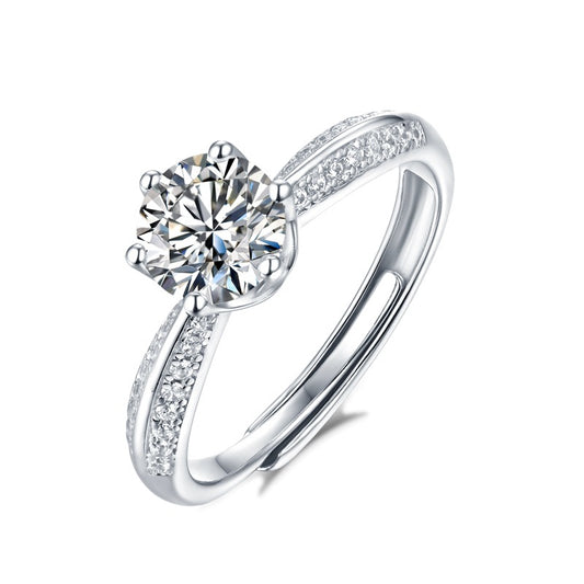 Six-Prong Round Moissanite Ring with Pave Band in 925 Sterling Silver