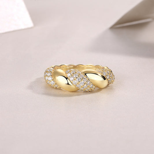 Moissanite Pave Twisted Croissant Dome Ring in Gold-Plated 925 Silver