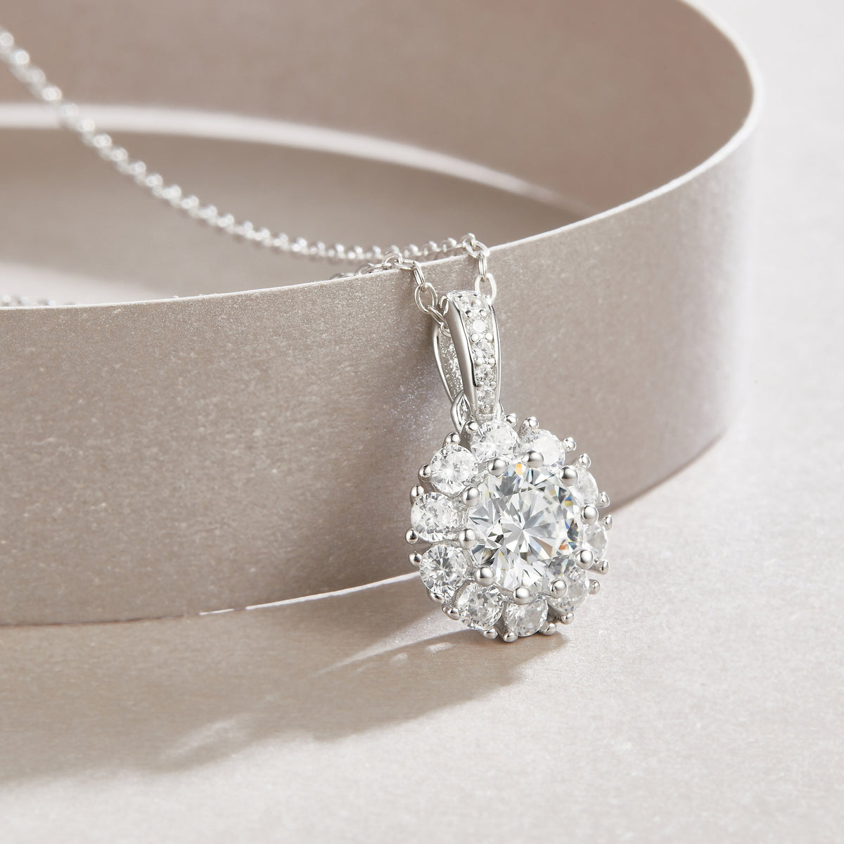 Round Moissanite Cluster Halo Pendant Necklace in 925 Sterling Silver