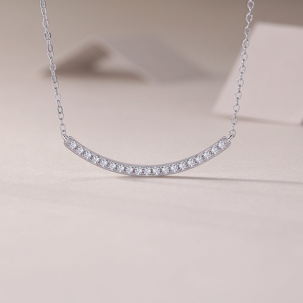 Pave Moissanite Curved Bar Necklace in 925 Sterling Silver