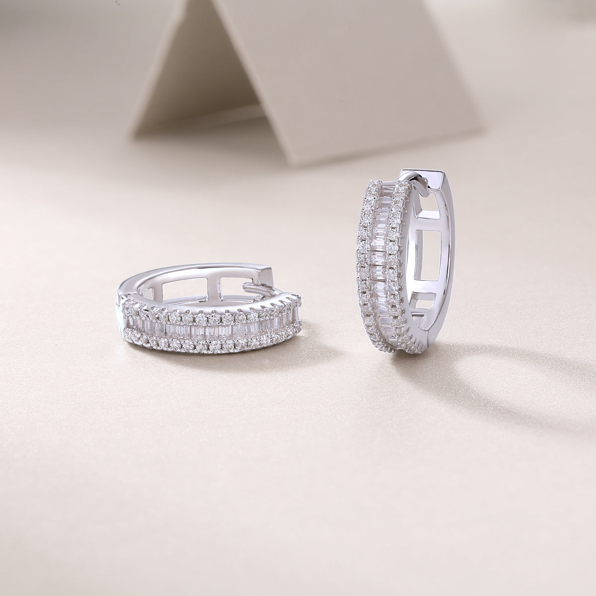Baguette and Pave Moissanite Huggie Hoop Earrings in 925 Sterling Silver