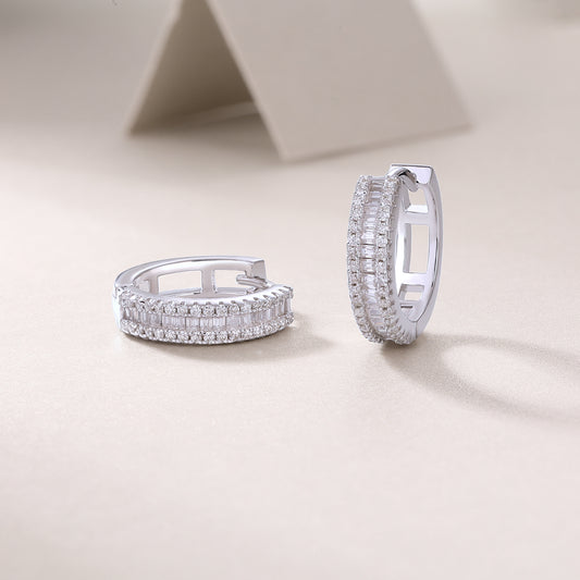 Baguette and Pave Moissanite Huggie Hoop Earrings in 925 Sterling Silver