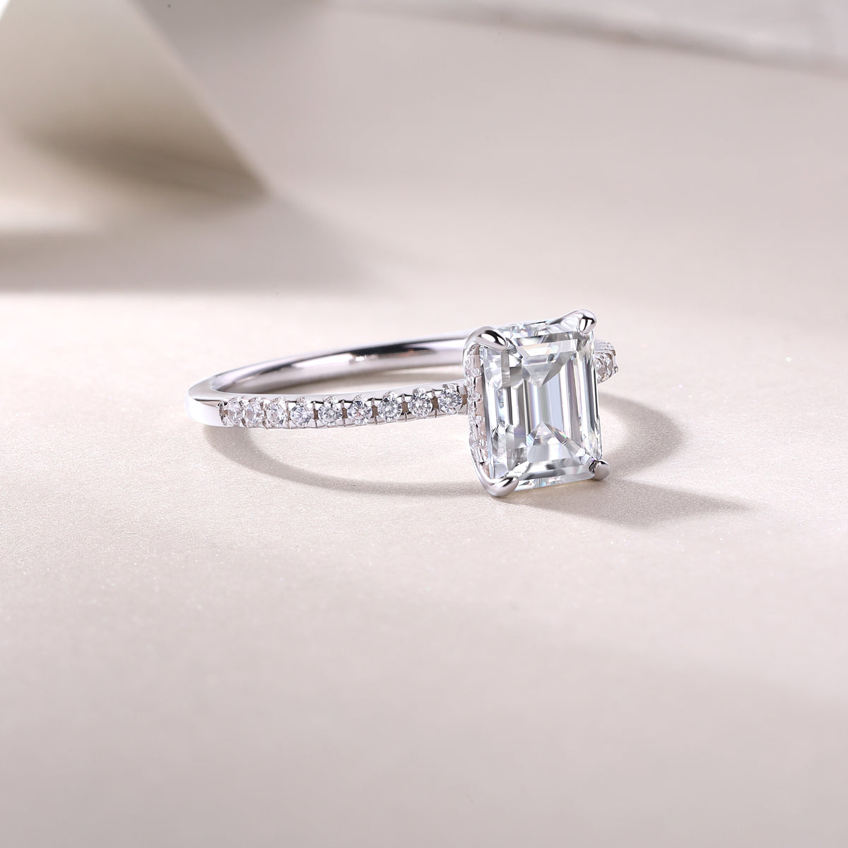 Emerald-Cut Moissanite Solitaire Ring with Pave Band in 925 Silver