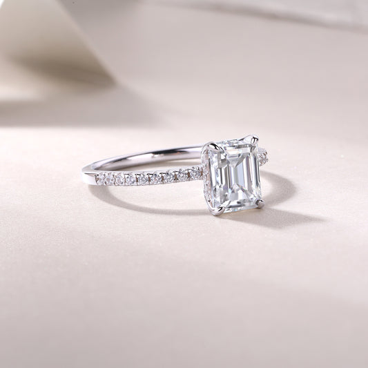Emerald-Cut Moissanite Solitaire Ring with Pave Band in 925 Silver