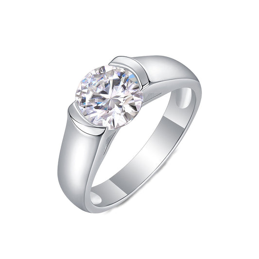 Round Moissanite Half-Bezel Solitaire Ring with Wide Band in 925 Silver
