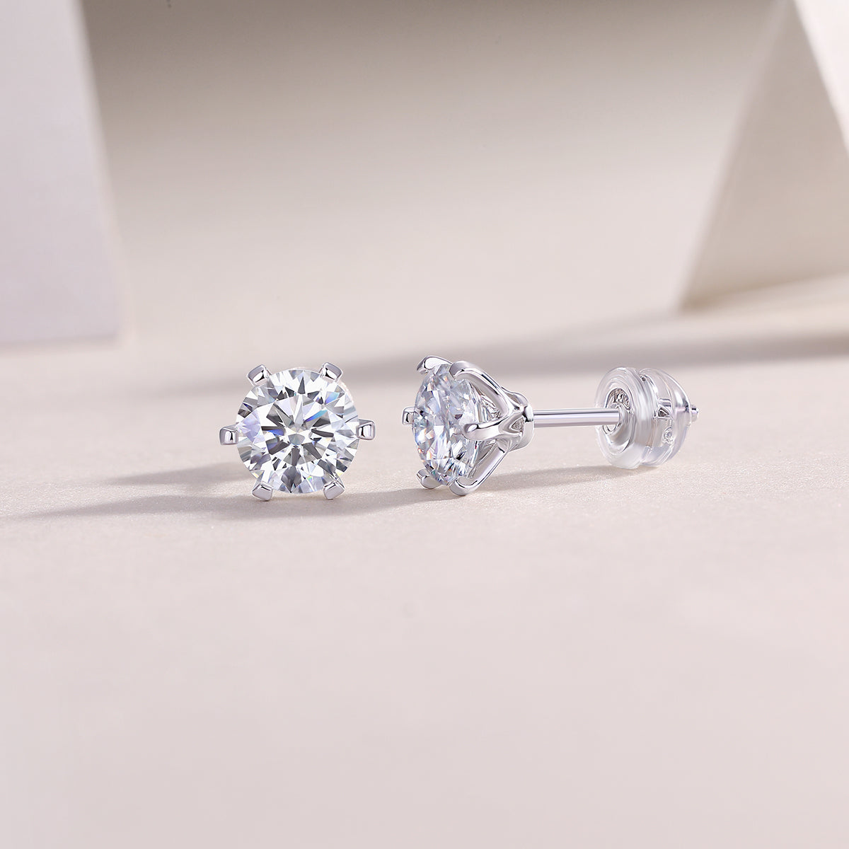 Round Moissanite Crown-Basket Stud Earrings in 925 Sterling Silver