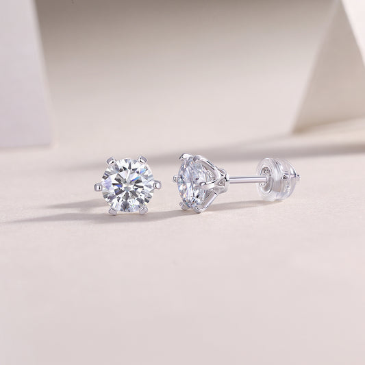 Round Moissanite Crown-Basket Stud Earrings in 925 Sterling Silver