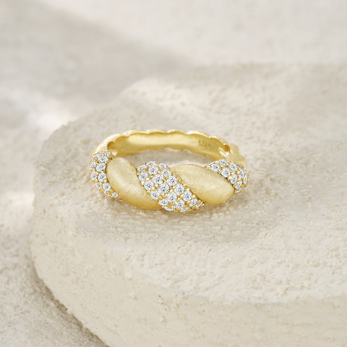 Moissanite Pave Twisted Croissant Dome Ring in Gold-Plated 925 Silver