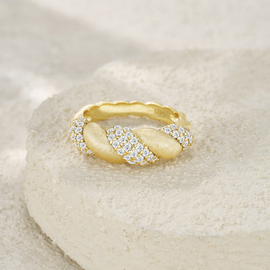 Moissanite Pave Twisted Croissant Dome Ring in Gold-Plated 925 Silver