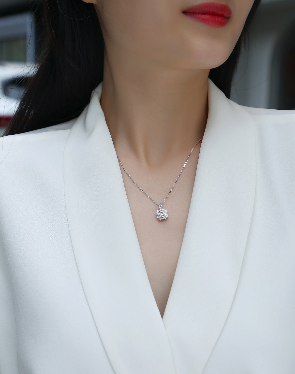 Round Moissanite Octagon Halo Pendant Necklace in 925 Sterling Silver - worn