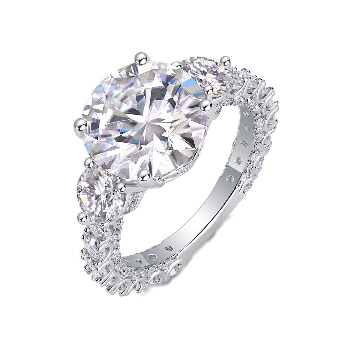 Round Moissanite Three-Stone Ring with Pave Band in 925 Silver