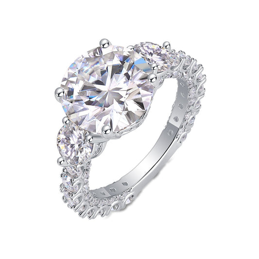 Round Moissanite Three-Stone Ring with Pave Band in 925 Silver