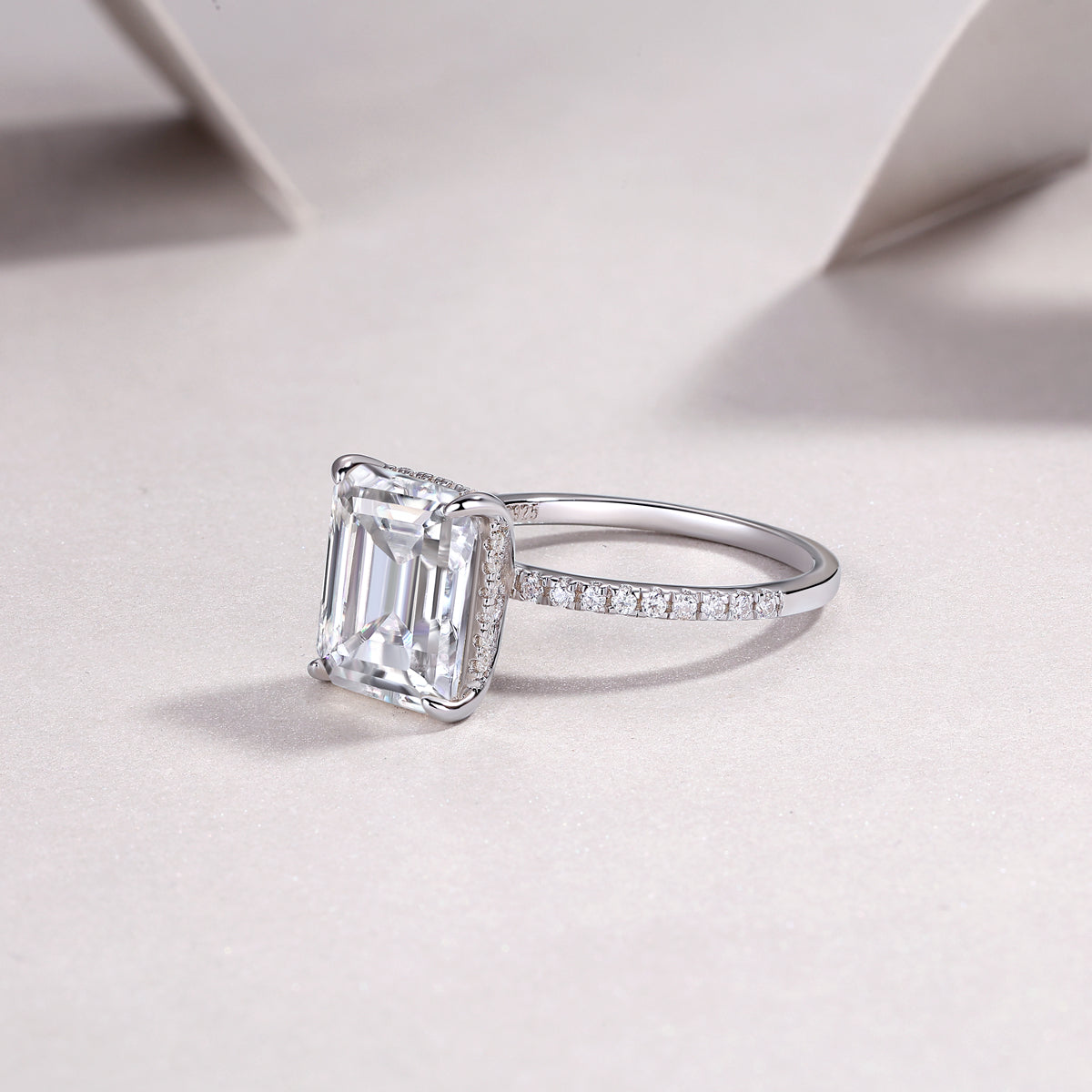 Emerald-Cut Moissanite Hidden-Halo Solitaire Ring in 925 Silver